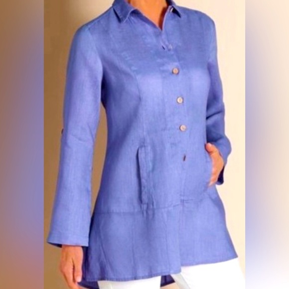 SOFT SURROUNDINGS Island Breeze Linen Tunic Top Petite Medium Purple Roll Sleeve - Picture 1 of 8
